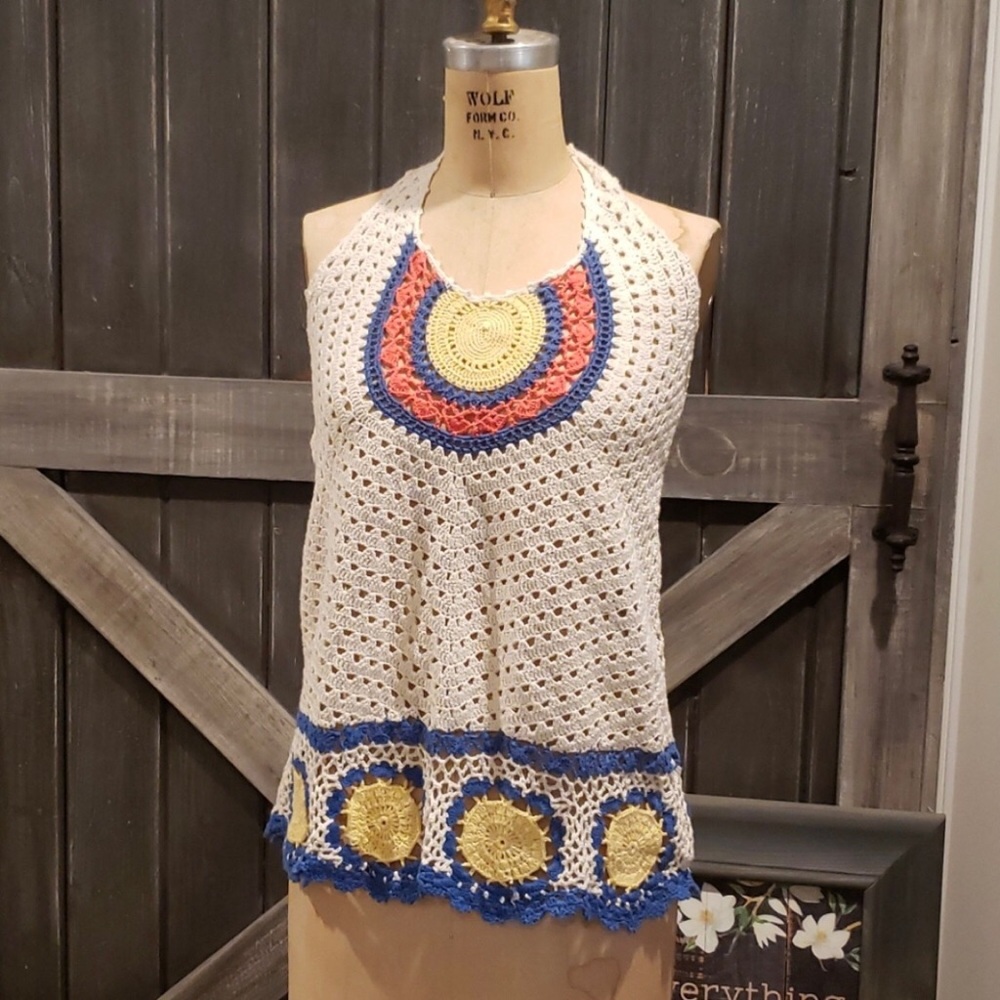Crochet Halter Top with Blue and Yellow Accents